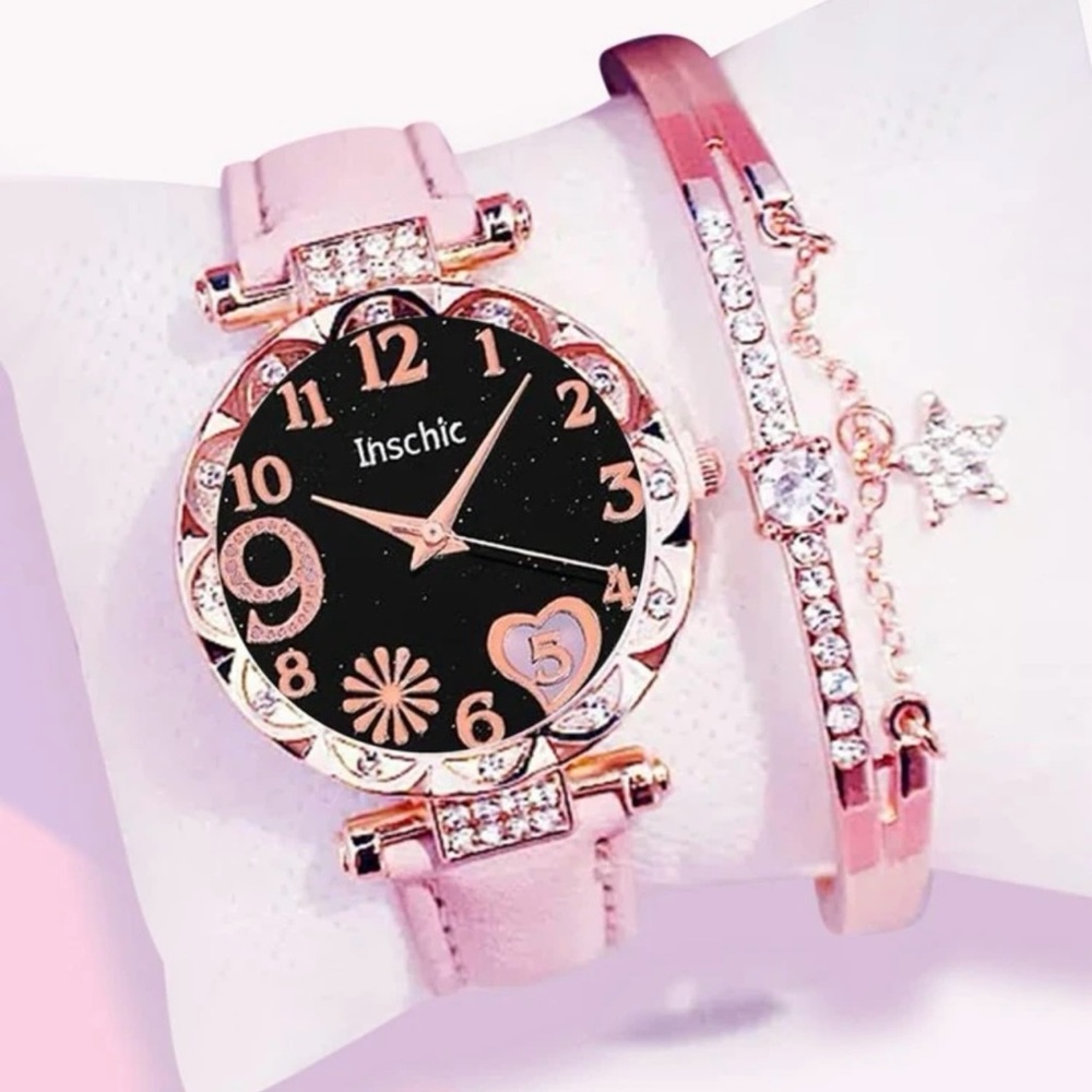Women's Fashionable Round Dial Pointer Rhinestone Quartz Watch Set
